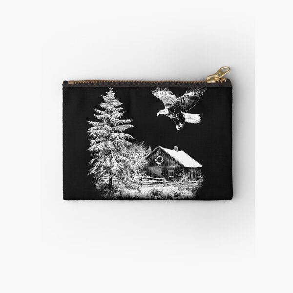 Item preview, Bald Eagle Over a Snowy Cabin – Black and White Winter Wilderness Art designed and sold by inkoutninja.