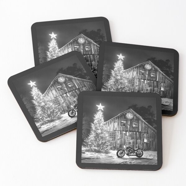 Item preview, Christmas Motorcycle by a Rustic Barn – Black and White Holiday Art designed and sold by inkoutninja.