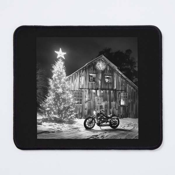 Item preview, Christmas Motorcycle by a Rustic Barn – Black and White Holiday Art designed and sold by inkoutninja.