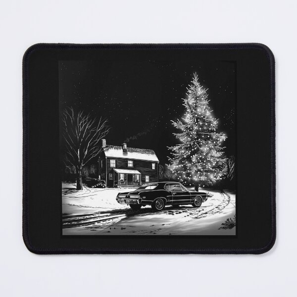Item preview, Classic Muscle Car by a Christmas Tree – Black and White Winter Art designed and sold by inkoutninja.