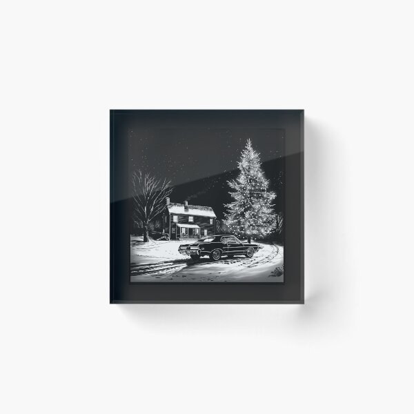 Item preview, Classic Muscle Car by a Christmas Tree – Black and White Winter Art designed and sold by inkoutninja.