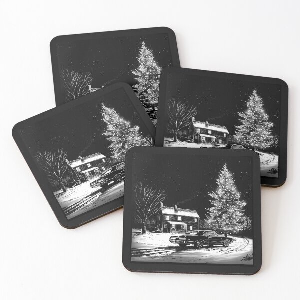 Item preview, Classic Muscle Car by a Christmas Tree – Black and White Winter Art designed and sold by inkoutninja.