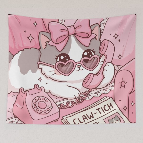 Item preview, Cute Gossip Cat on Vintage Pink Phone designed and sold by BrownHorse90s.