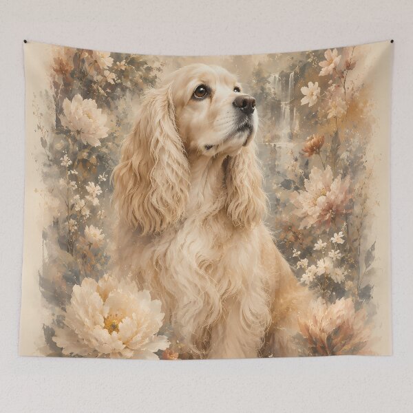 Item preview, Cream Cocker Spaniel Floral Watercolor | Elegant Dog Portrait Botanical Art designed and sold by ManJiangHong.
