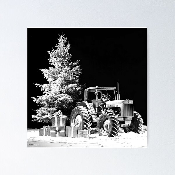 Item preview, Classic Muscle Car by a Christmas Tree – Black and White Winter Art designed and sold by inkoutninja.