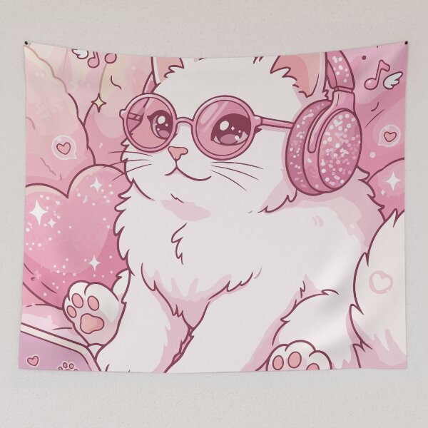 Item preview, Cute Working Cat in Pink Headphones designed and sold by BrownHorse90s.