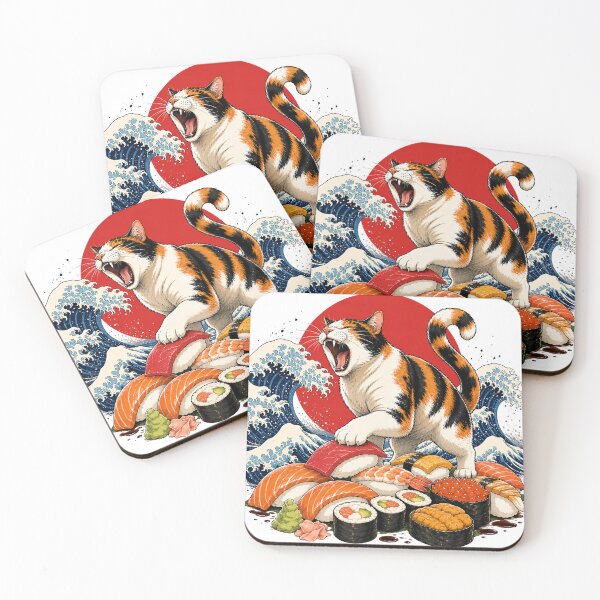 Item preview, Roaring Calico Cat on Sushi Feast | Japanese Wave Art designed and sold by Aguri-tei.