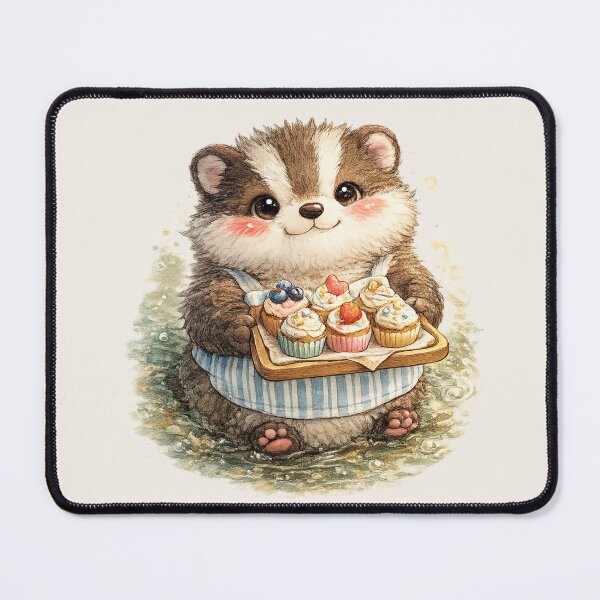 Item preview, Kawaii Badger Baker with Cupcakes Watercolor Cute Cottagecore Animal Illustration designed and sold by MagicMakerPh.
