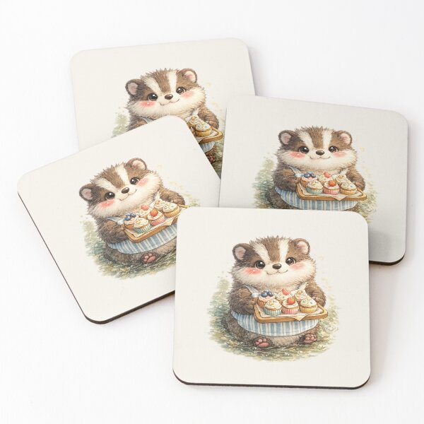 Item preview, Kawaii Badger Baker with Cupcakes Watercolor Cute Cottagecore Animal Illustration designed and sold by MagicMakerPh.