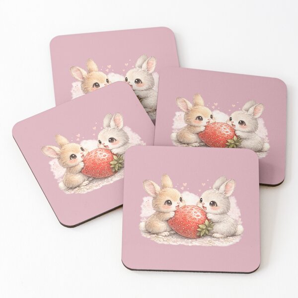 Item preview, Kawaii Rabbits Sharing Giant Strawberry Cute Watercolor Bunny Couple Illustration designed and sold by MagicMakerPh.