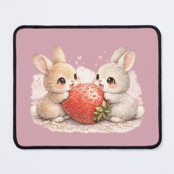 Item preview, Kawaii Rabbits Sharing Giant Strawberry Cute Watercolor Bunny Couple Illustration designed and sold by MagicMakerPh.