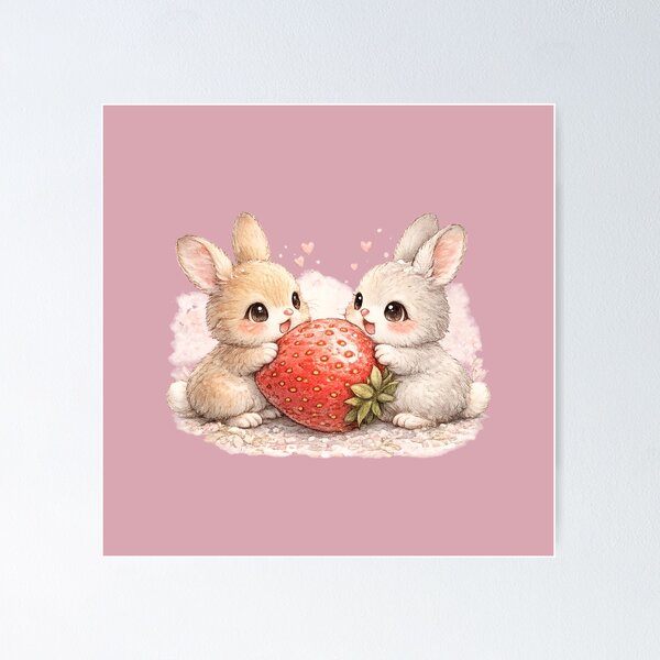 Item preview, Kawaii Rabbits Sharing Giant Strawberry Cute Watercolor Bunny Couple Illustration designed and sold by MagicMakerPh.