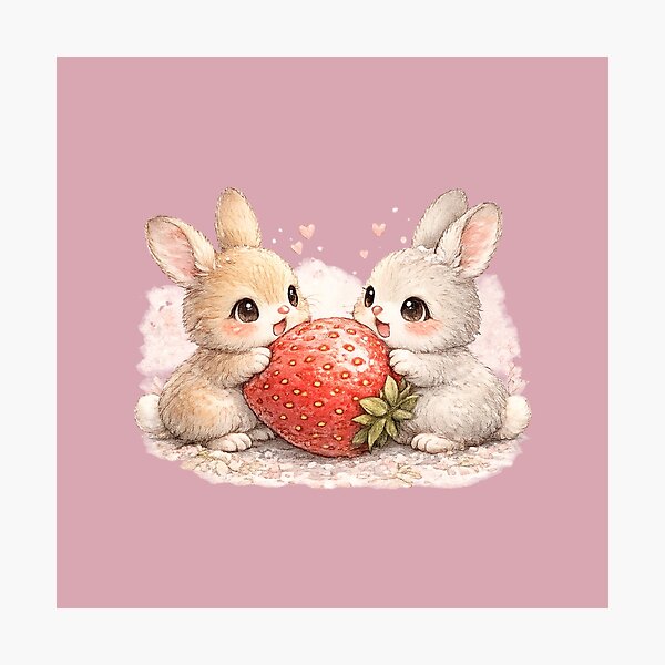 Item preview, Kawaii Rabbits Sharing Giant Strawberry Cute Watercolor Bunny Couple Illustration designed and sold by MagicMakerPh.
