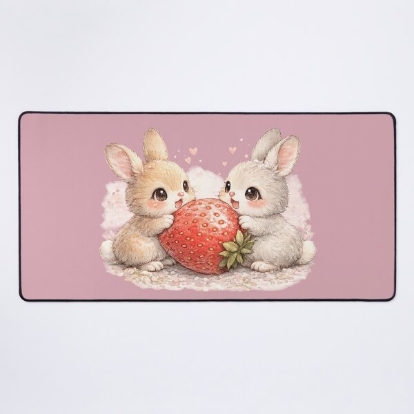 Item preview, Kawaii Rabbits Sharing Giant Strawberry Cute Watercolor Bunny Couple Illustration designed and sold by MagicMakerPh.