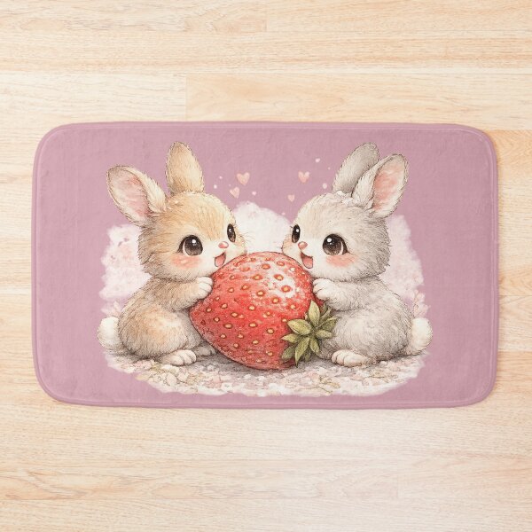 Item preview, Kawaii Rabbits Sharing Giant Strawberry Cute Watercolor Bunny Couple Illustration designed and sold by MagicMakerPh.
