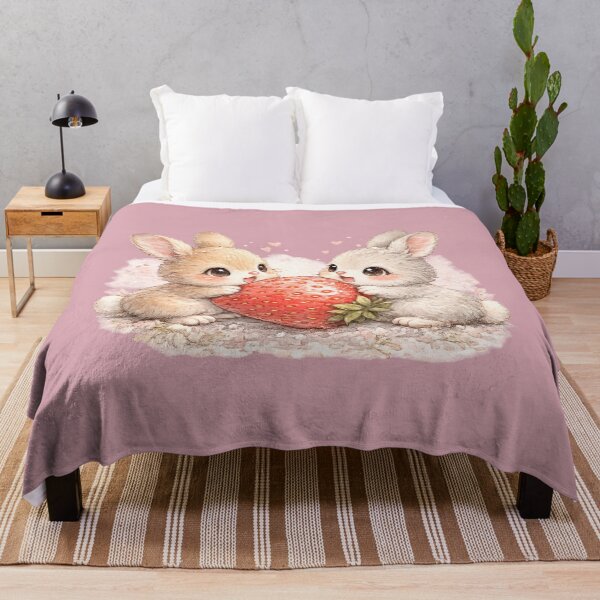 Item preview, Kawaii Rabbits Sharing Giant Strawberry Cute Watercolor Bunny Couple Illustration designed and sold by MagicMakerPh.