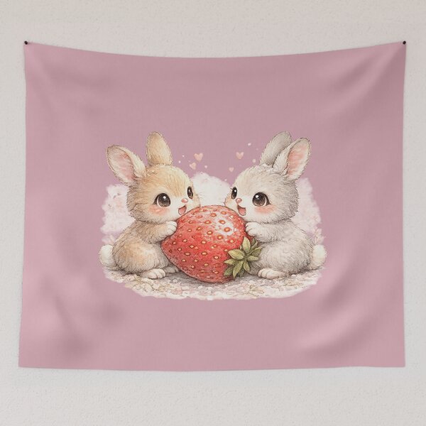 Item preview, Kawaii Rabbits Sharing Giant Strawberry Cute Watercolor Bunny Couple Illustration designed and sold by MagicMakerPh.