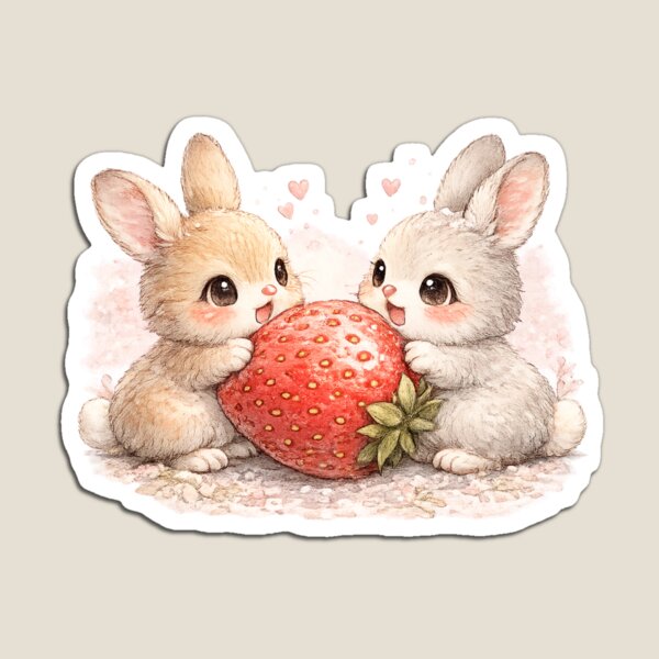 Item preview, Kawaii Rabbits Sharing Giant Strawberry Cute Watercolor Bunny Couple Illustration designed and sold by MagicMakerPh.