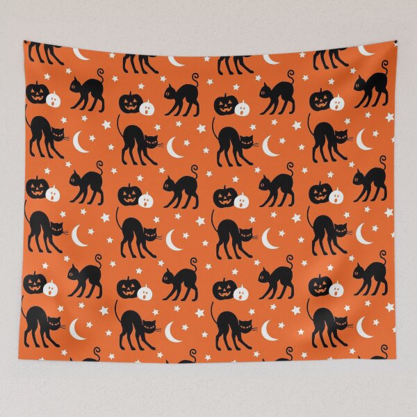 Item preview, Cute Black Cat Halloween Pattern | Orange Spooky Seamless Print | Pumpkins, Moon & Bats Design designed and sold by RJACreative.