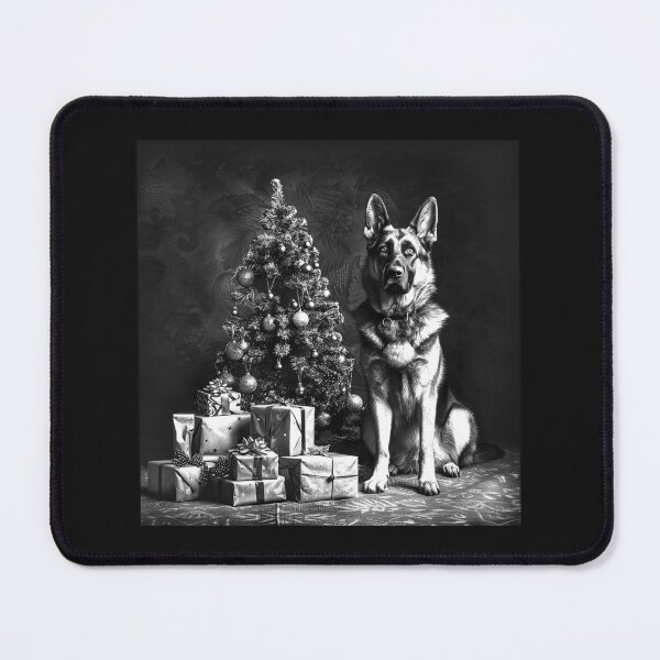 Item preview, German Shepherd Beside a Christmas Tree – Black and White Holiday Dog Art designed and sold by inkoutninja.