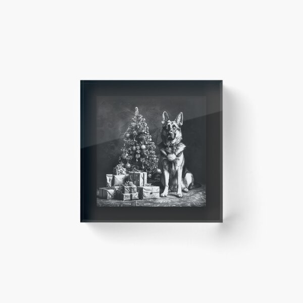 Item preview, German Shepherd Beside a Christmas Tree – Black and White Holiday Dog Art designed and sold by inkoutninja.
