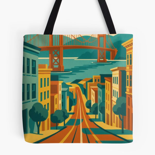 Item preview, Retro Pop Art Poster Illustration of San Francisco | Bold Golden Gate Bridge City Print with Painted Ladies, Cable Cars & Bay Skyline | Vintage California Travel Wall Art Decor designed and sold by PaintedPixels01.