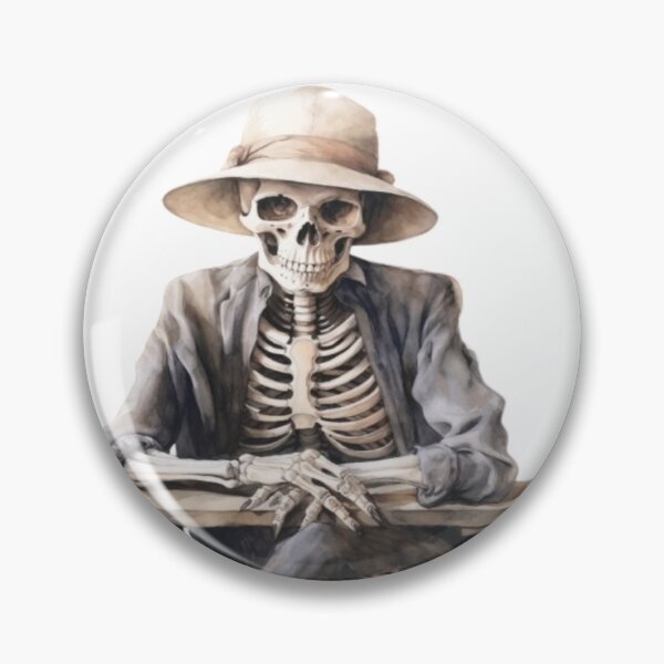 Item preview, Watercolor Skeleton in Sun Hat Sitting at Wooden Table Art designed and sold by KLSRAJ.