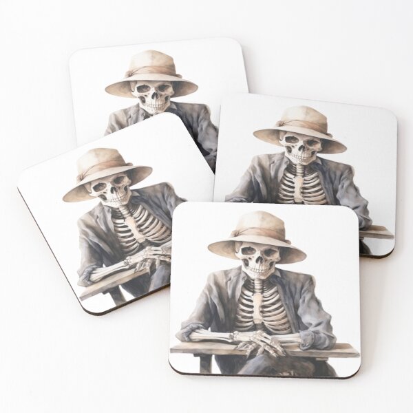 Item preview, Watercolor Skeleton in Sun Hat Sitting at Wooden Table Art designed and sold by KLSRAJ.