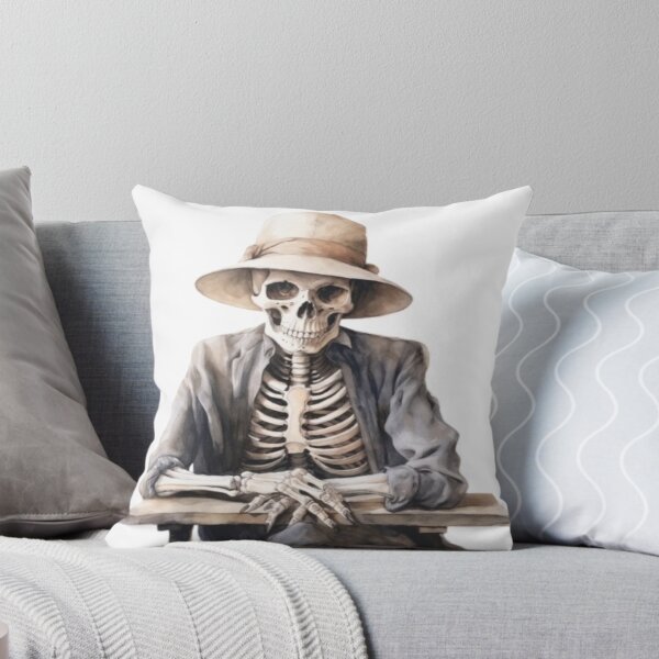 Item preview, Watercolor Skeleton in Sun Hat Sitting at Wooden Table Art designed and sold by KLSRAJ.