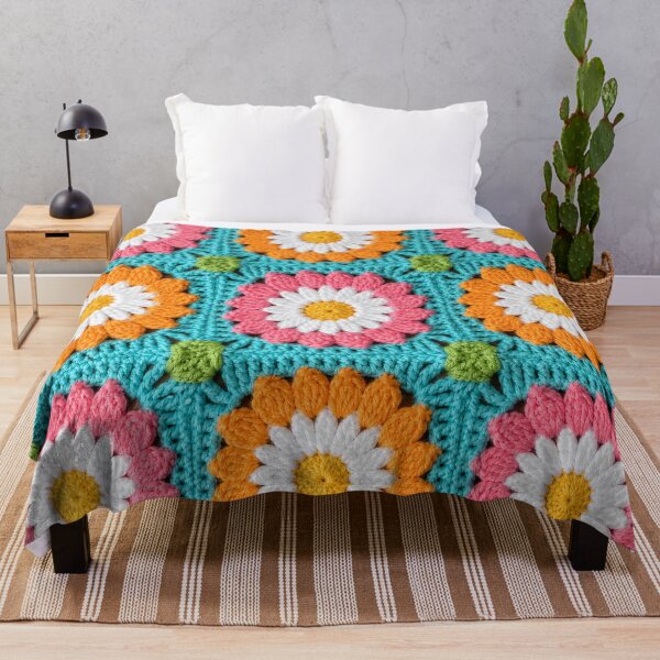Item preview, Crochet Daisy Granny Square Pink Orange Turquoise designed and sold by LuisWorks.