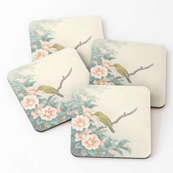 Item preview, Japanese White-Eye Among Winter Camellias | Ohara Koson Inspired Shin-Hanga Bird Wall Art designed and sold by Tamas Das.
