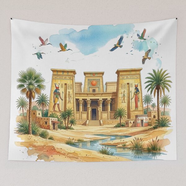 Item preview, Ancient Egyptian Temple Oasis | Vintage Egypt Landscape with Hieroglyphics & Palm Trees designed and sold by Queen Cleopatra.