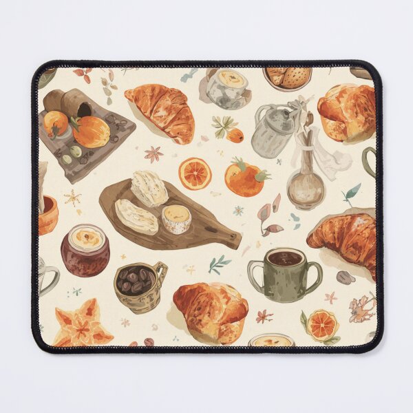 Artikelvorschau, Gemütliches, entspanntes Sonntagmorgen-Muster mit Kaffee, Croissants, Sauerteigbrot und handgefertigter Keramik entworfen und verkauft von craftnthreads.