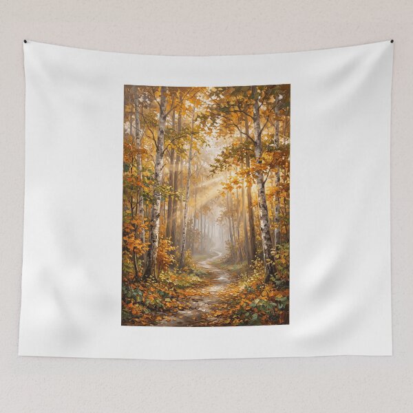 Item preview, Golden Mist Path — Misty Autumn Forest Oil Painting Wall Art Print designed and sold by PickyAura.