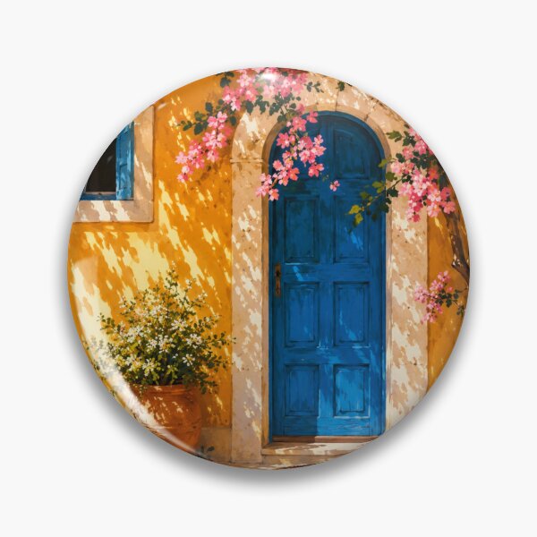 Item preview, Mediterranean Blue Door Wall Art | Pink Blossom Cottage Print | Coastal Floral Landscape Decor designed and sold by AbstractAuraArt.
