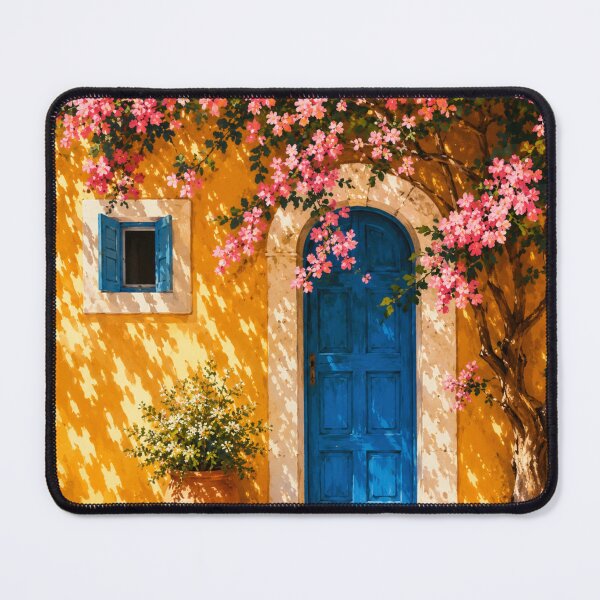 Item preview, Mediterranean Blue Door Wall Art | Pink Blossom Cottage Print | Coastal Floral Landscape Decor designed and sold by AbstractAuraArt.