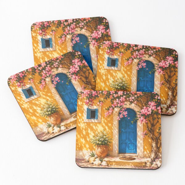 Item preview, Mediterranean Blue Door Wall Art | Pink Blossom Cottage Print | Coastal Floral Landscape Decor designed and sold by AbstractAuraArt.