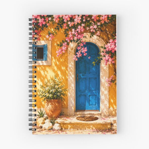 Item preview, Mediterranean Blue Door Wall Art | Pink Blossom Cottage Print | Coastal Floral Landscape Decor designed and sold by AbstractAuraArt.