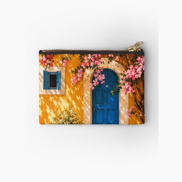Item preview, Mediterranean Blue Door Wall Art | Pink Blossom Cottage Print | Coastal Floral Landscape Decor designed and sold by AbstractAuraArt.