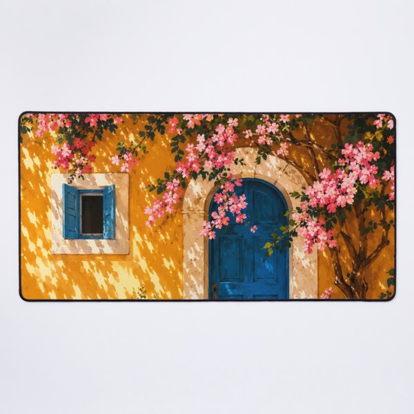 Item preview, Mediterranean Blue Door Wall Art | Pink Blossom Cottage Print | Coastal Floral Landscape Decor designed and sold by AbstractAuraArt.