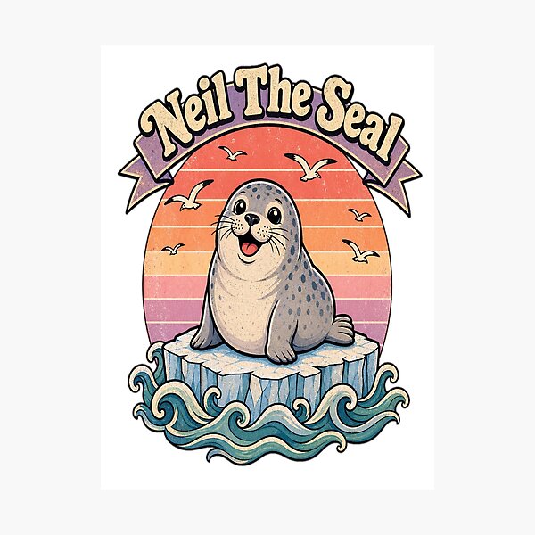 Item preview, Neil The Seal Cute Chubby Harbor Seal on Iceberg Vintage Retro Sunset Design designed and sold by Art Wave Studio.