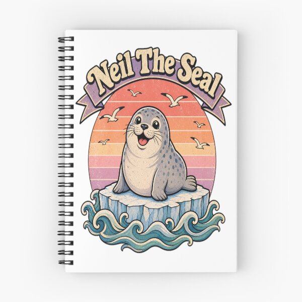 Aperçu de l'œuvre Neil le phoque, adorable phoque potelé sur un iceberg, design vintage rétro coucher de soleil créée et vendue par Art Wave Studio.