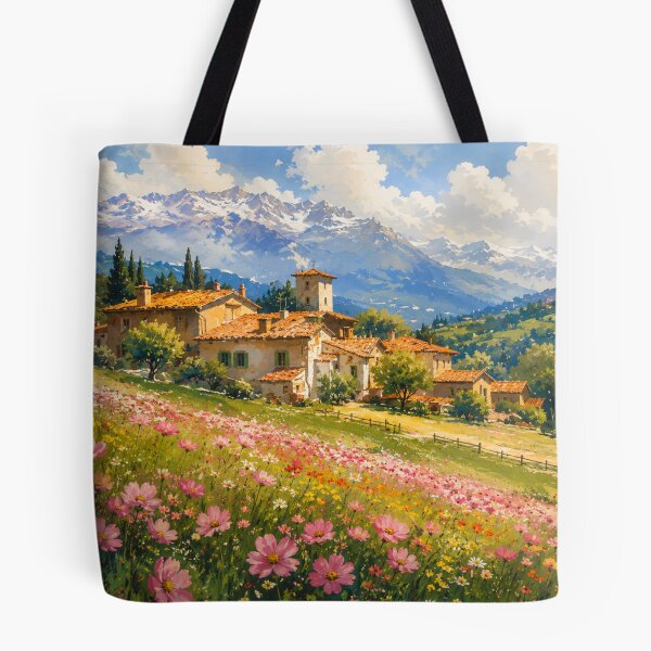 Item preview, Alpine Village Landscape Wall Art | Mountain Meadow Painting | European Countryside Decor designed and sold by AbstractAuraArt.