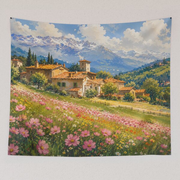 Item preview, Alpine Village Landscape Wall Art | Mountain Meadow Painting | European Countryside Decor designed and sold by AbstractAuraArt.