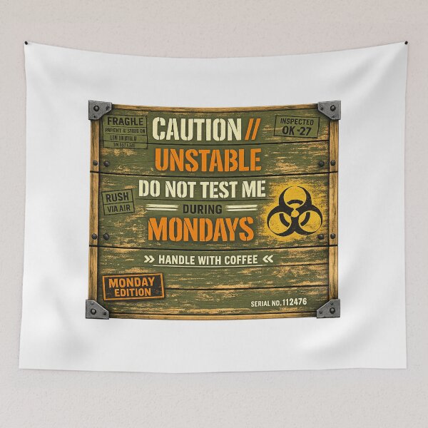 Aperçu de l'œuvre CAUTION UNSTABLE Monday Warning Crate Stencil – Vintage Industrial Humor Design créée et vendue par UrbanStatic.