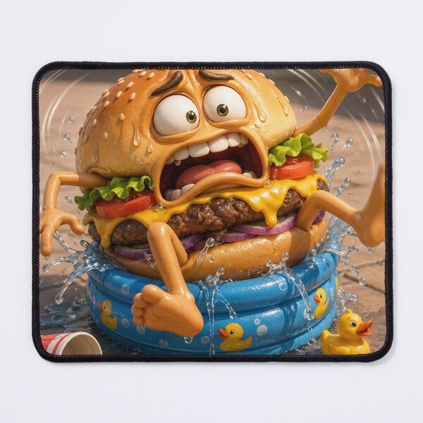Item preview, Funny Burger Cooling Off in a Kiddie Pool Summer Heat Cartoon designed and sold by ComedyInkFactor.