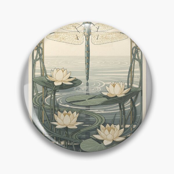 Item preview, Art Nouveau Dragonfly Over Water Lilies in Gold designed and sold by PictorialWhimsy.