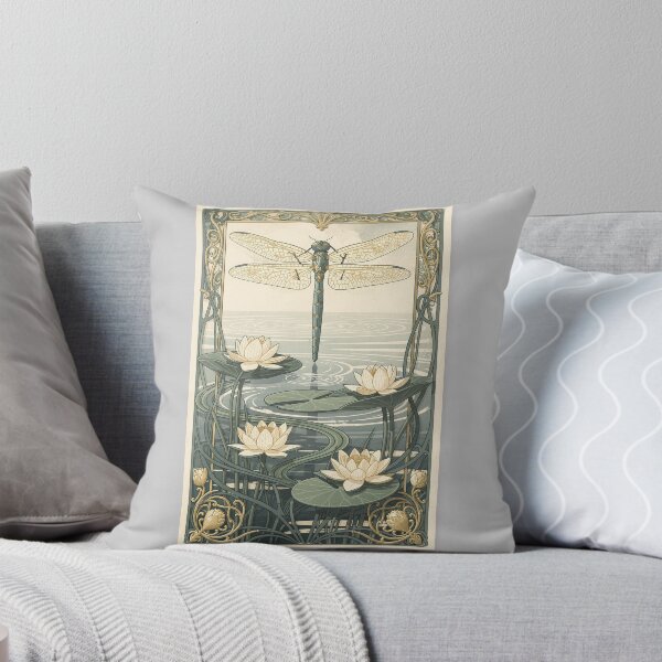 Item preview, Art Nouveau Dragonfly Over Water Lilies in Gold designed and sold by PictorialWhimsy.