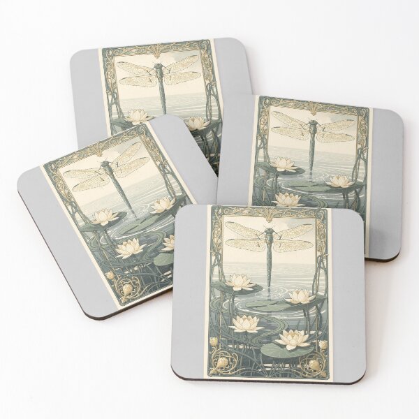Item preview, Art Nouveau Dragonfly Over Water Lilies in Gold designed and sold by PictorialWhimsy.