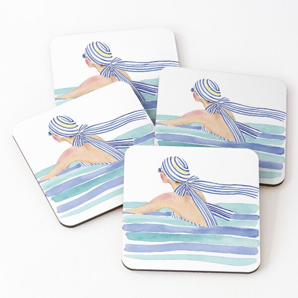Item preview, Blue Striped Swimmer Watercolor | Coastal Beach Fashion Illustration designed and sold by Ramona-Gliga.
